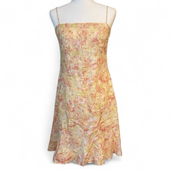 Ann Taylor Yellow Pink‎ Floral 100% Linen Dress Strappy Sleeveless Size 2p XS - Picture 1 of 7